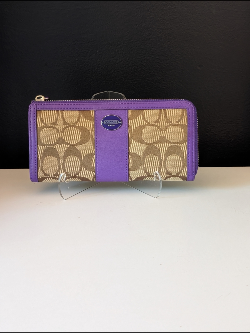 Coach Signature Canvas Zip Wallet in Purple Trim